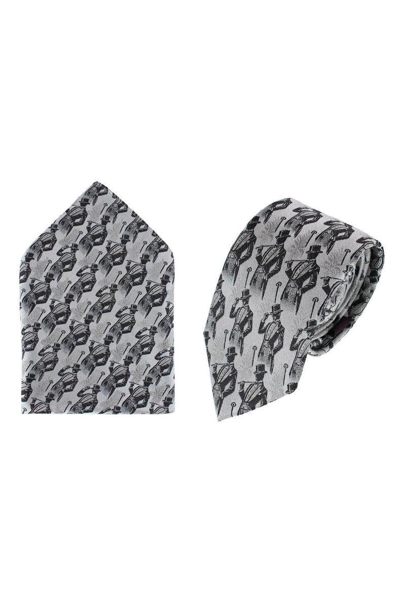 Trafalgar Ambrose Dapper Night Silk Novelty Necktie and Pocket Square Set, Main, color, Silver And Black