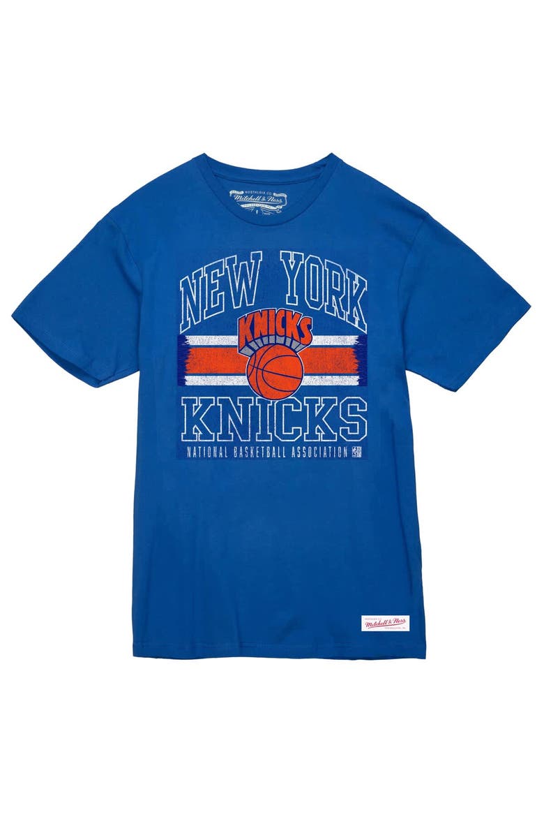 Men's Mitchell & Ness Royal New York Knicks Striped Logo Lockup Premium T-Shirt, Alternate, color, Blue