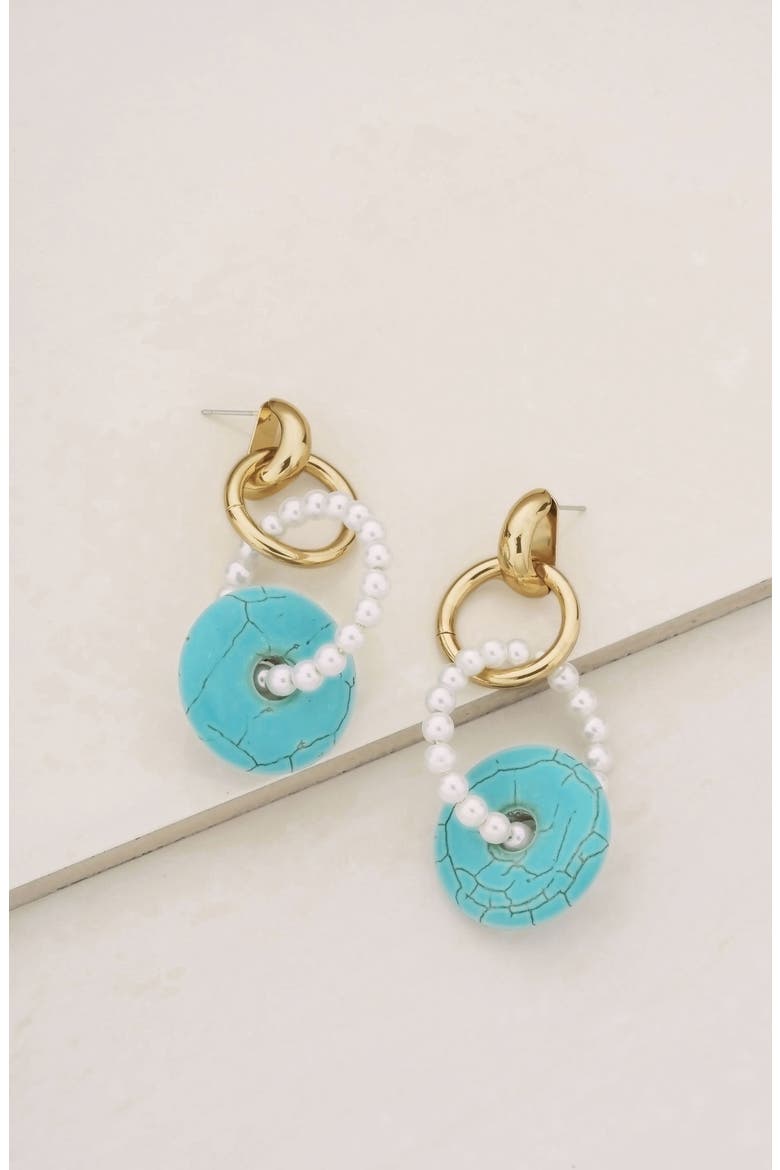 Imitation Pearl Circle & Turquoise Drop Earrings, Alternate, color, GOLD