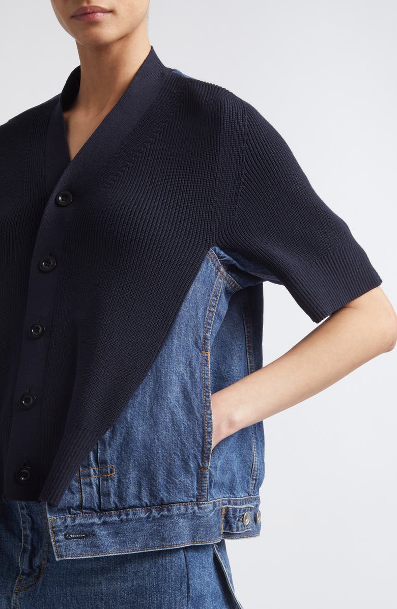 Sacai Mixed Media Knit & Denim Cardigan, Alternate, color, Navy/ Blue