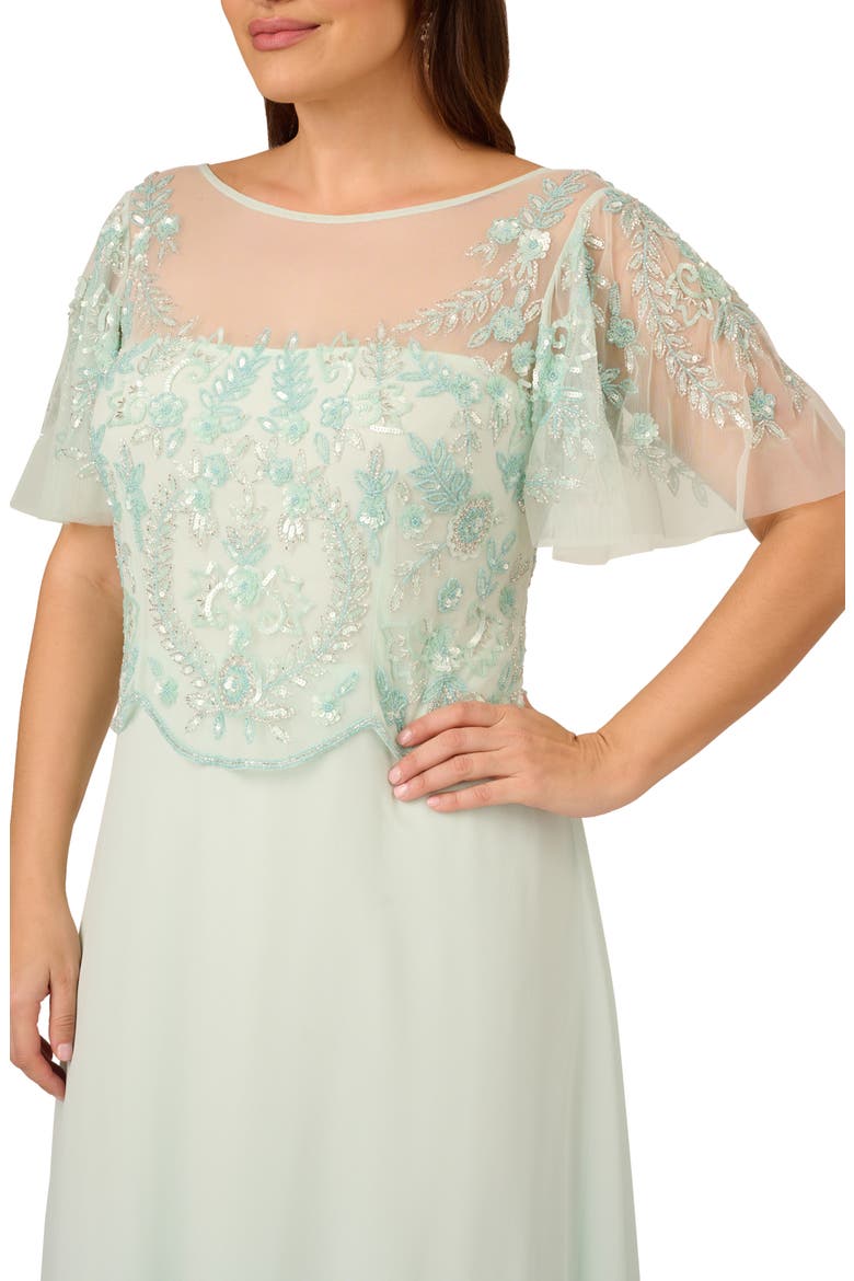 Beaded Flutter Sleeve Chiffon Gown, Alternate, color, MINT GLASS