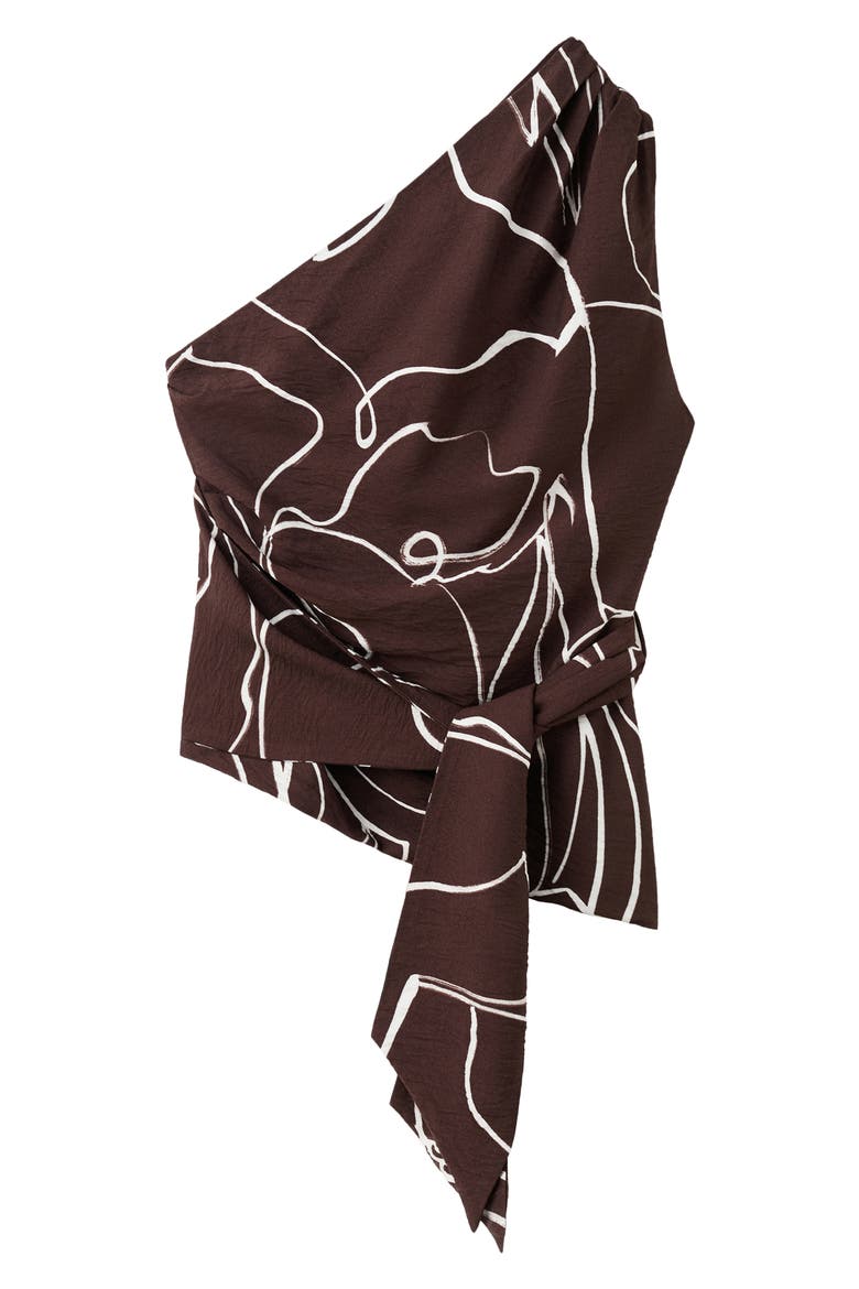 Print One-Shoulder Tie Waist Top, Alternate, color, BROWN