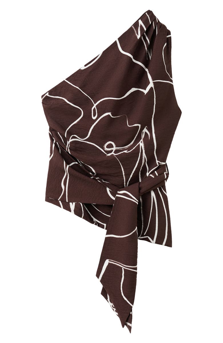 MANGO Print One-Shoulder Tie Waist Top, Alternate, color, Brown