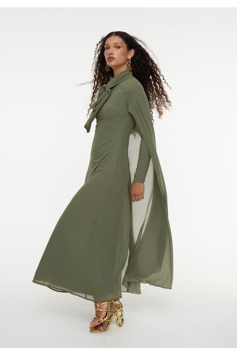 Modest Chiffon Dress Maxi With Cape Style and Bow, Alternate, color, OLIVE
