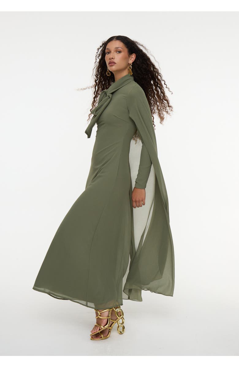 MARYISA Modest Chiffon Dress Maxi With Cape Style and Bow, Alternate, color, Olive