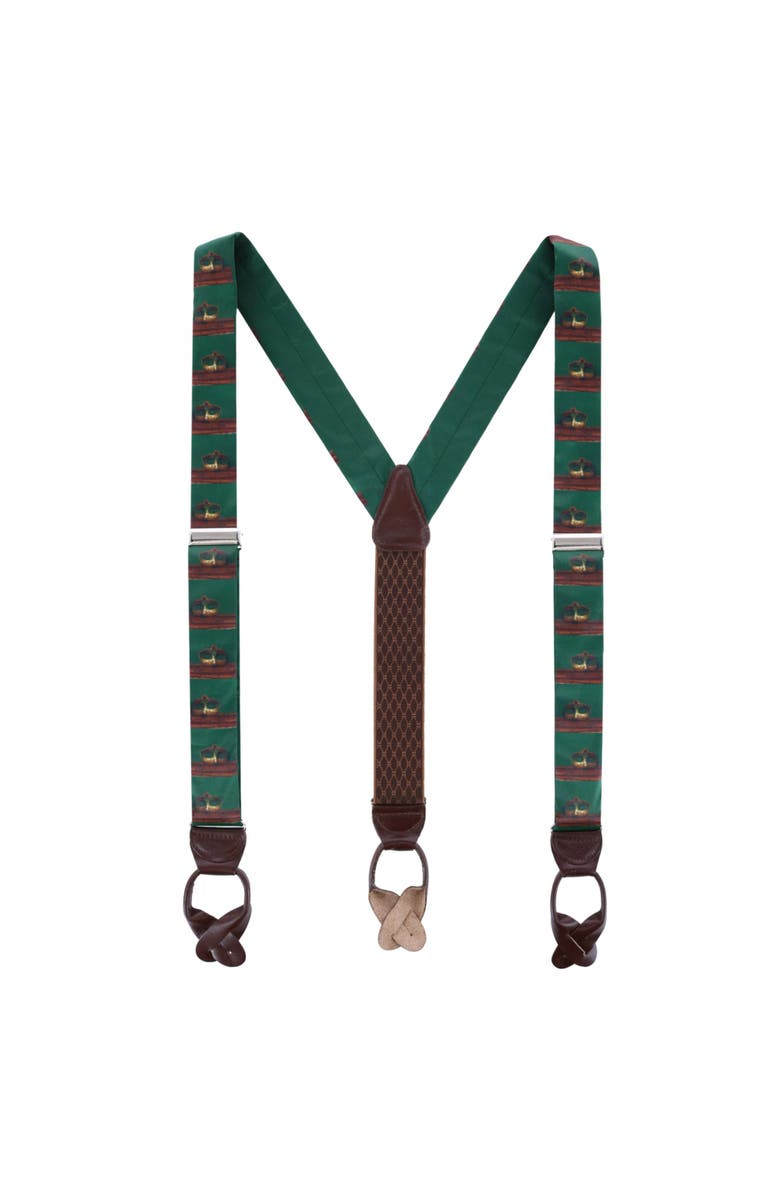 Trafalgar Secret Identity Mardi Gras Mask Silk Button End Suspenders, Alternate, color, Green