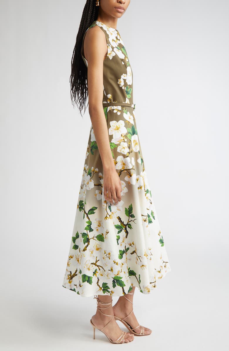 Oscar de la Renta Ombré Cherry Blossom Belted Poplin Midi Dress, Alternate, color, White Khaki Ombre