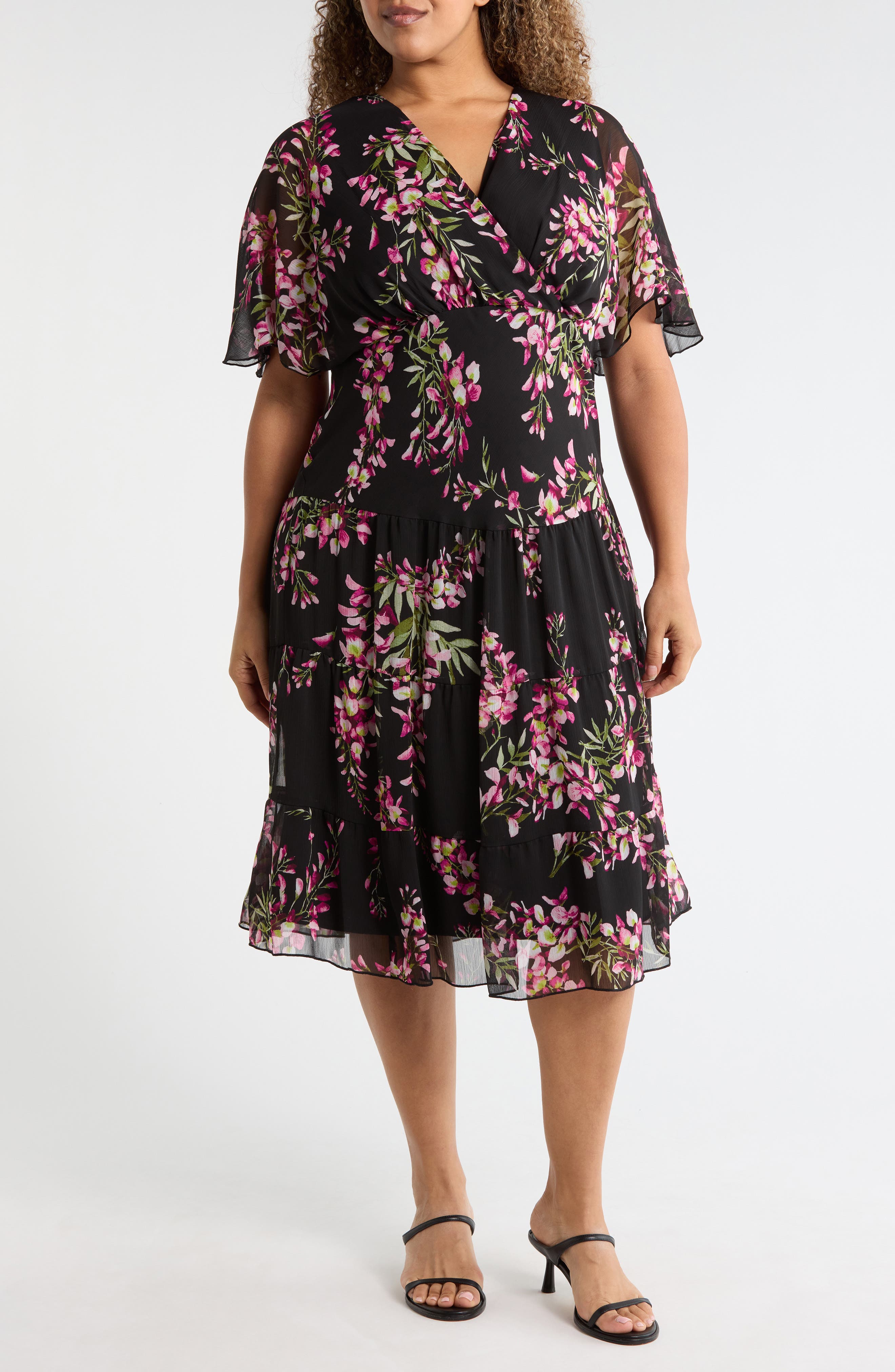 Connected Apparel Floral Flutter Sleeve Dress