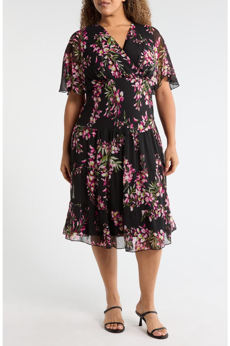 Floral Flutter Sleeve Dress, Main, color, BLACK