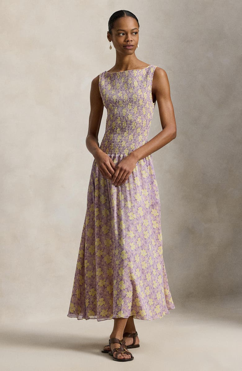 Polo Ralph Lauren Floral Print Smocked Maxi Dress, Alternate, color, Soft Bloom Purple Yellow