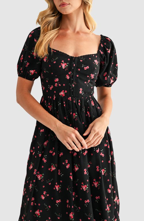 Lush Puff Sleeve Lace Trim Midi Dress In Multi
