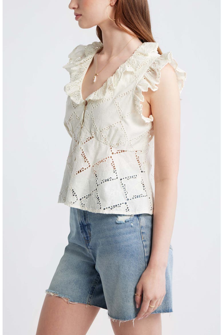 Open Cutwork Ruffle Trim Button-Up Top, Alternate, color, IVORY EGRET