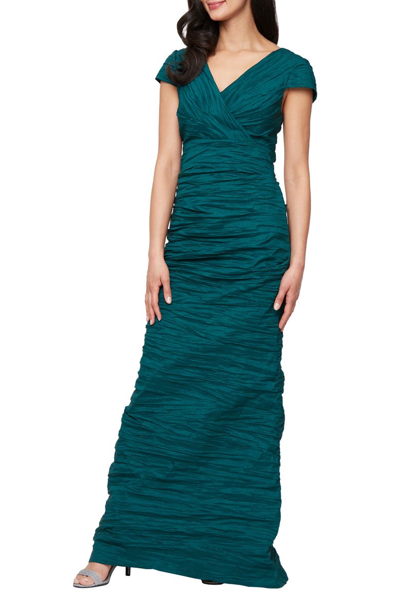 Crinkle Stretch Taffeta Mermaid Gown, Main, color, EMERALD GREEN