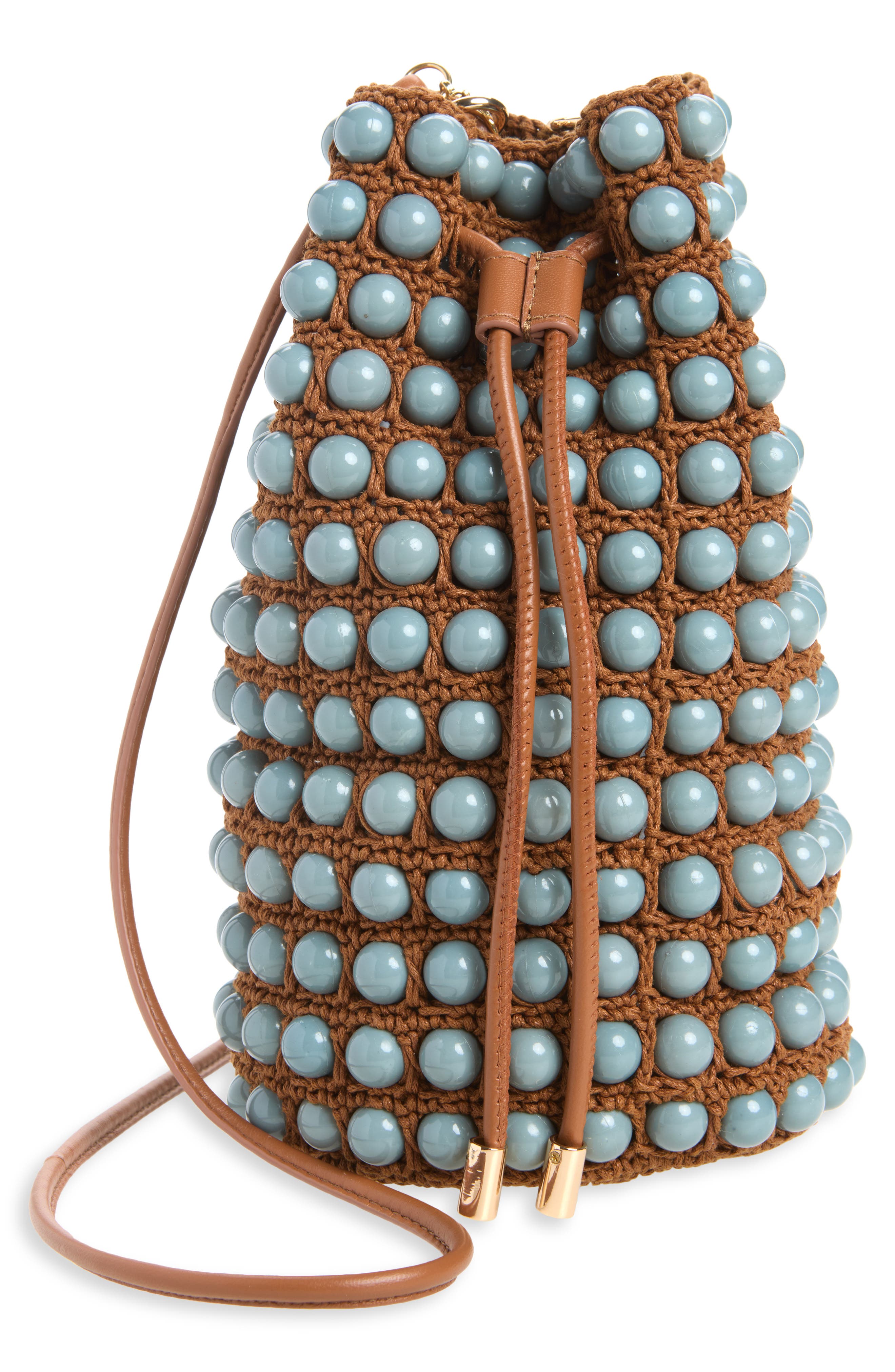 Beaded Macramé Bucket Bag, Main, color, NEW WALNUT STORM