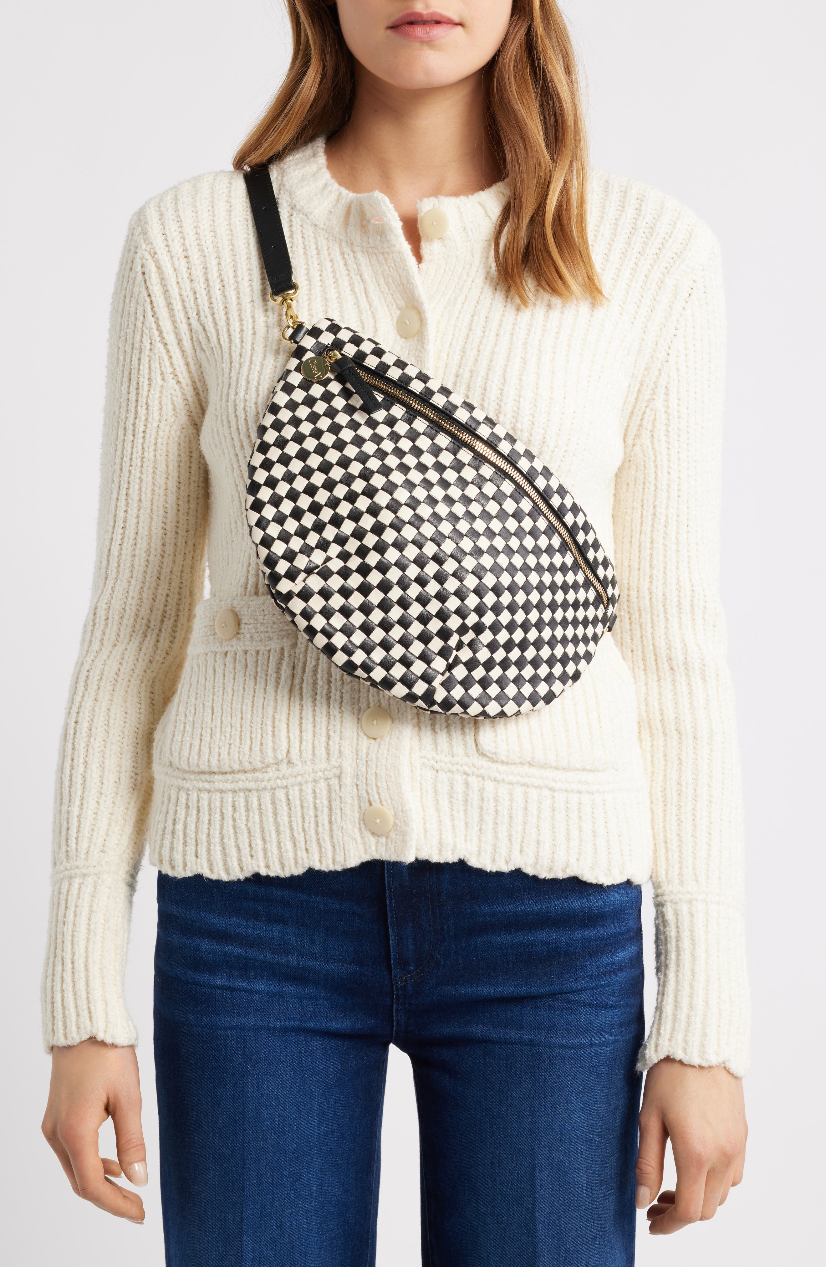 Clare V. Grande Woven Leather Belt Bag, Alternate, color, Black And Cream Checker