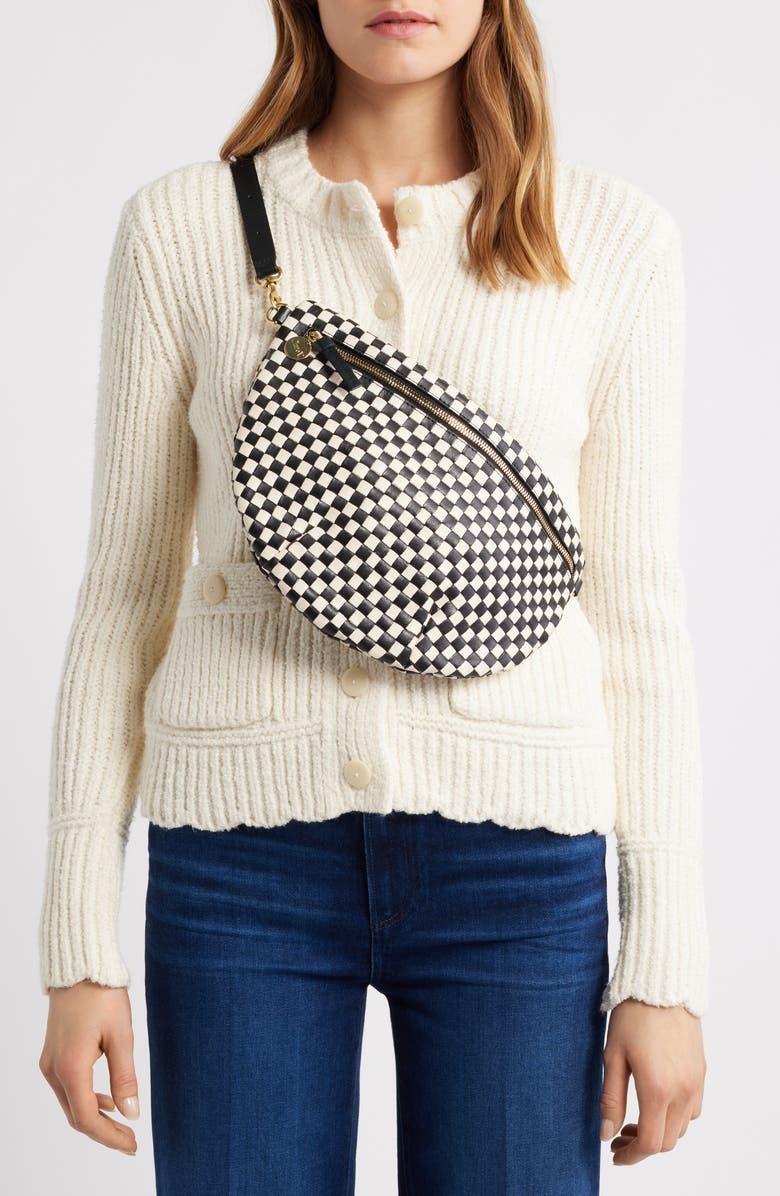 Clare V. Grande Woven Leather Belt Bag, Alternate, color, Black And Cream Checker