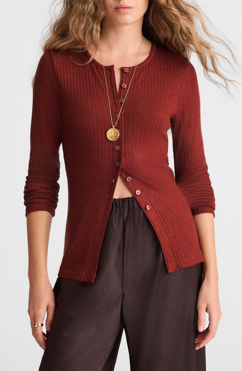 Madewell Textural Cutaway Crewneck Cardigan, Main, color, Deep Redwood