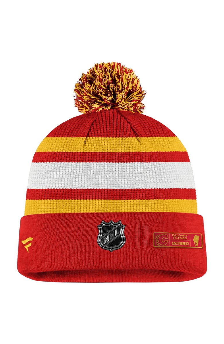 FANATICS Men's Fanatics Red/Yellow Calgary Flames Authentic Pro Cuffed Pom Knit Hat, Alternate, color, Red