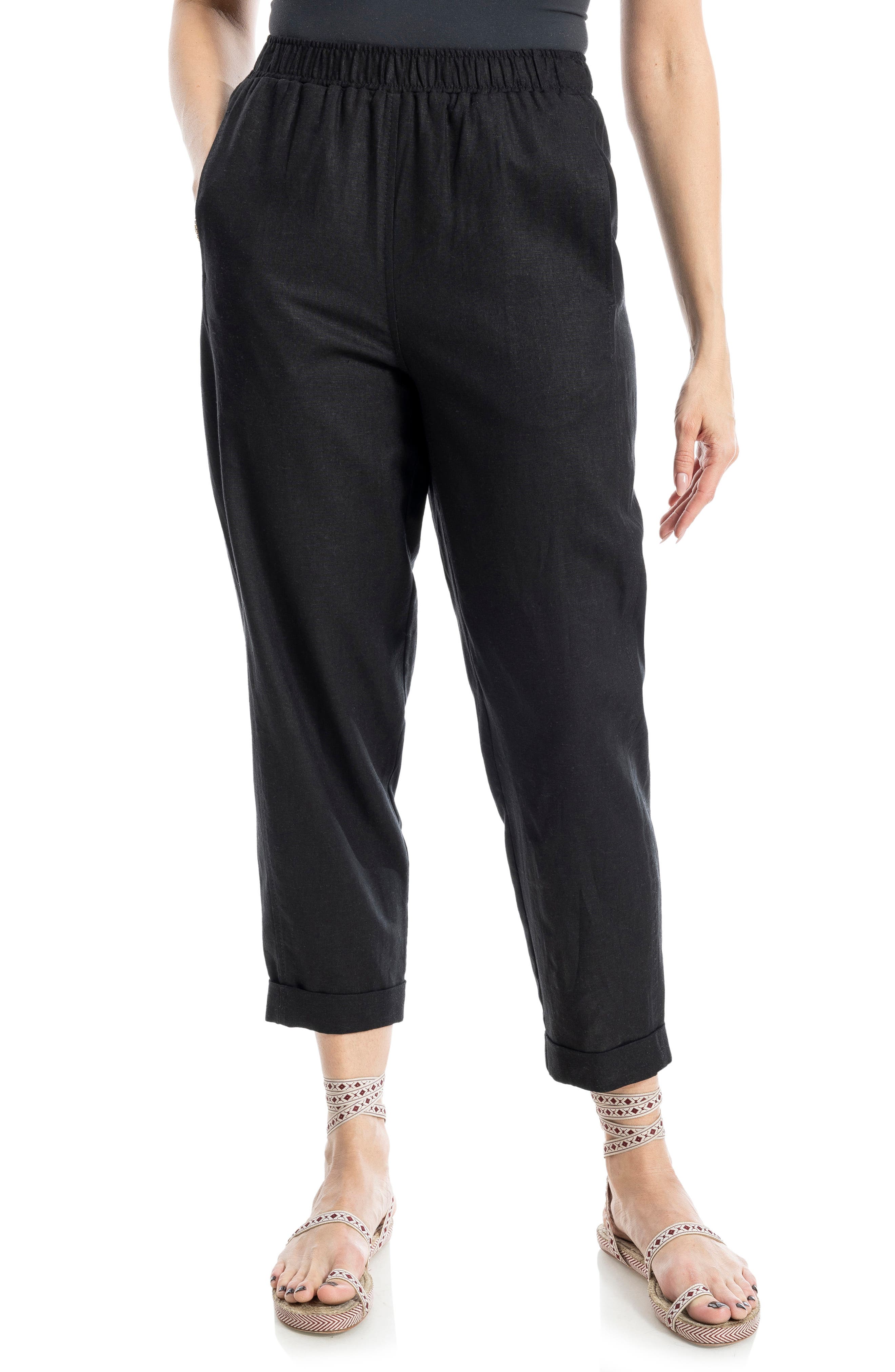 MAX STUDIO Cuffed Crop Linen Blend Barrel Leg Pants