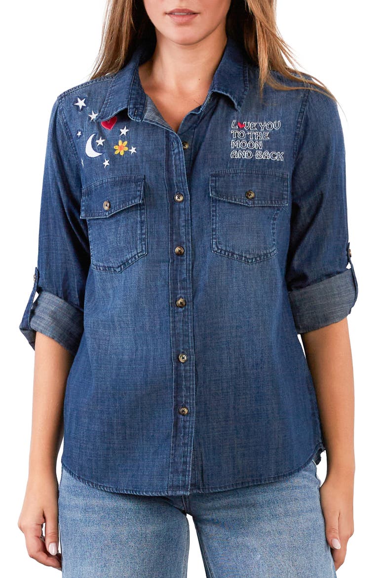 To the Moon & Back Embroidered Denim Graphic Button-Up Shirt, Main, color, DUSK DENIM