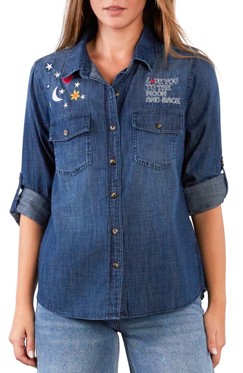 Billy T To the Moon & Back Embroidered Denim Graphic Button-Up Shirt, Main, color, Dusk Denim