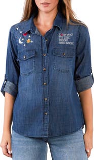 Billy T To the Moon & Back Embroidered Denim Graphic Button-Up Shirt