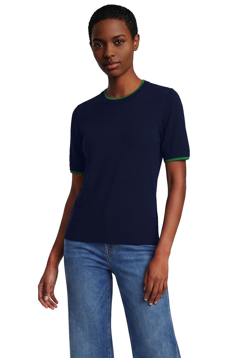 Double Trim Cotton Crew Neck Tee Sweater, Alternate, color, Deep Sea Navy/Clover