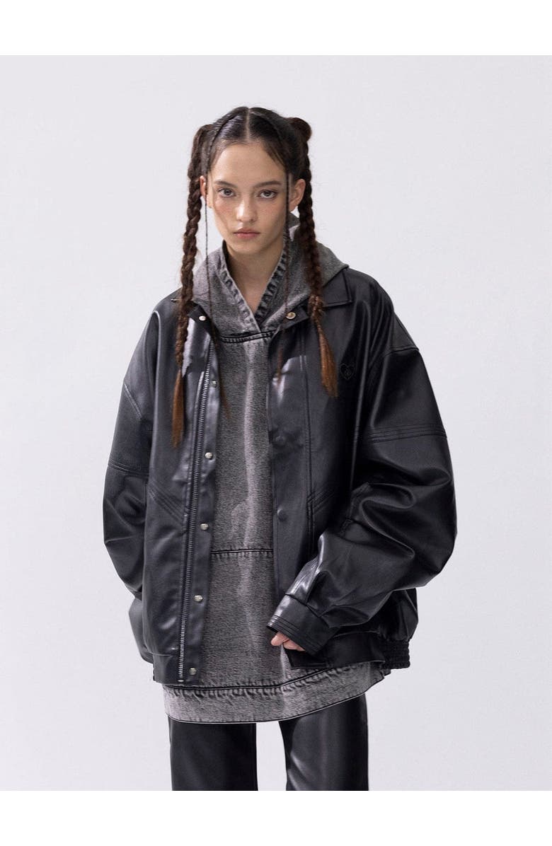 AELFRIC EDEN Zip Up Ruched Leather Jacket, Main, color, Black