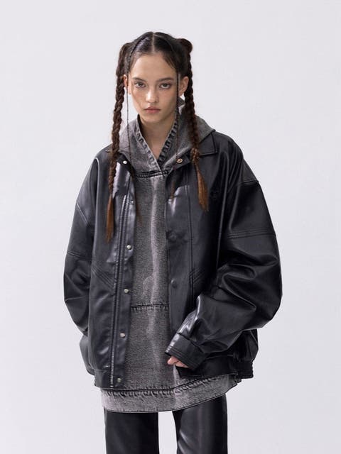 Zip Up Ruched Leather Jacket