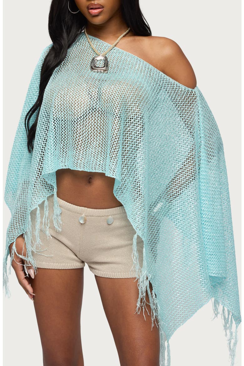 Sequin Fringe Knit Poncho, Main, color, LIGHT-BLUE