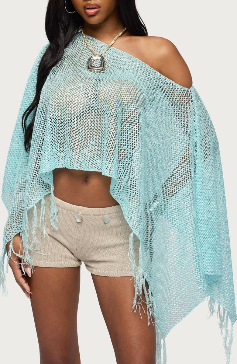 EDIKTED Sequin Fringe Knit Poncho, Main, color, Light-Blue