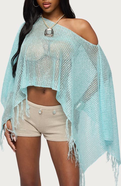 Sequin Fringe Knit Poncho