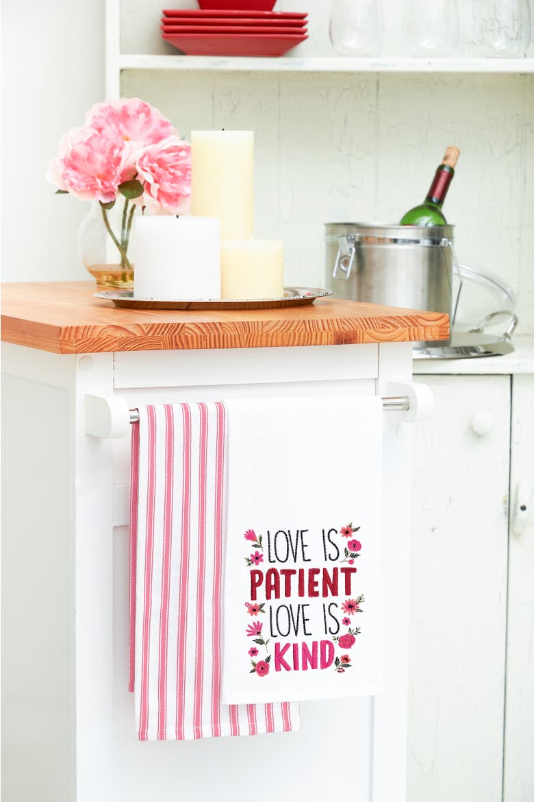 "Love Is Patient & Kind" Flowers Embroidered 100% Cotton Flour Sack Dishtowel, Alternate, color, red