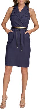 Donna Karan New York Belted Sleeveless Linen Blend Denim Dress
