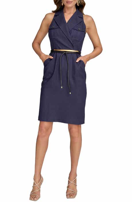 Belted Sleeveless Linen Blend Denim Dress