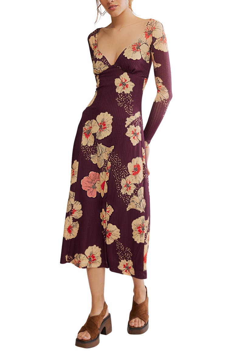 Calla Floral Long Sleeve Knit Midi Dress, Main, color, PLUM COMBO