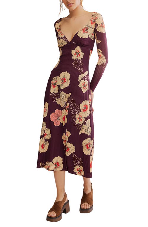 Free People Calla Floral Long Sleeve Knit Midi Dress In Brown