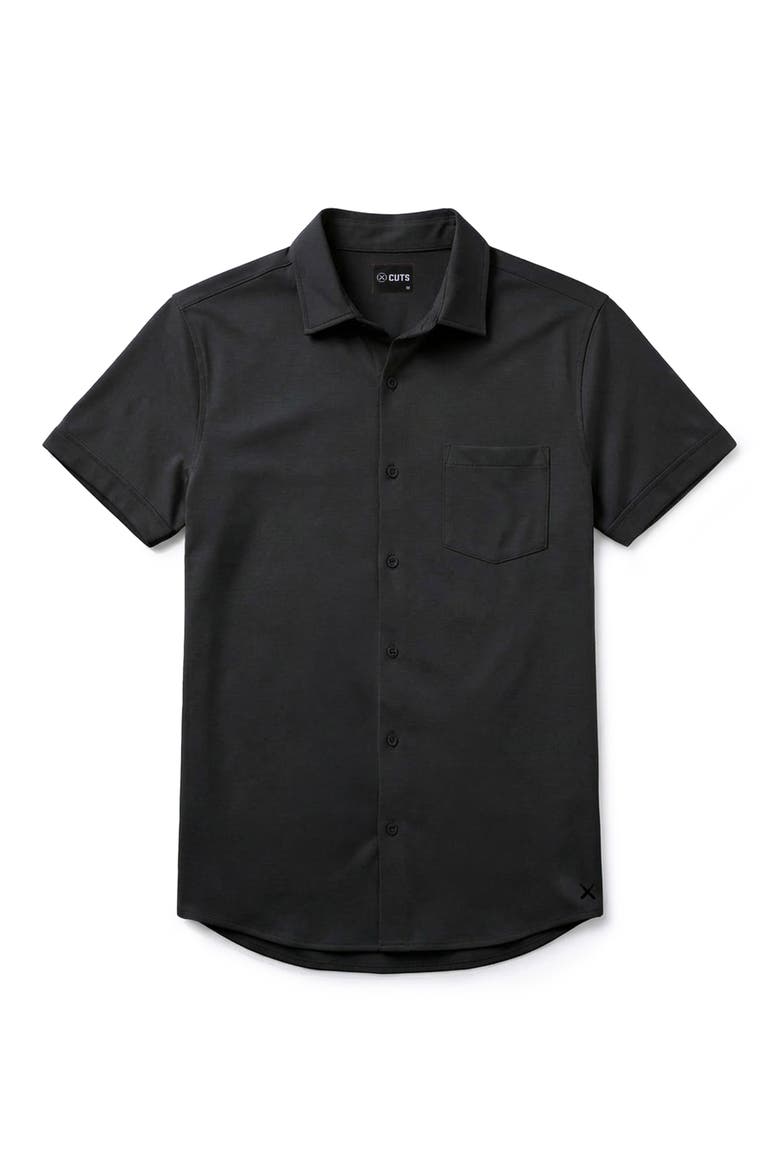 AO Curved Hem Short Sleeve Button-Up Shirt, Alternate, color, BLACK