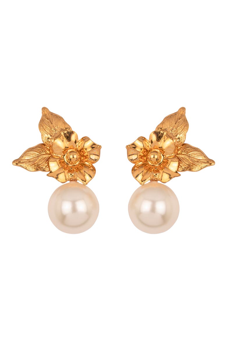 Rici Faux Pearl Flower Earrings, Main, color, GOLD
