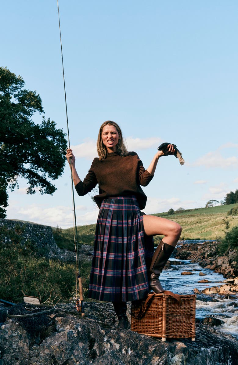 Boden Josephine Wool Blend Kilt Skirt, Alternate, color, Brown Blue/ Pink Check