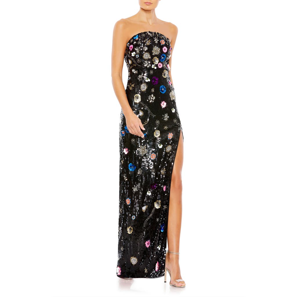 Mac Duggal Floral Sequined Strapless Column Gown In Black Multi