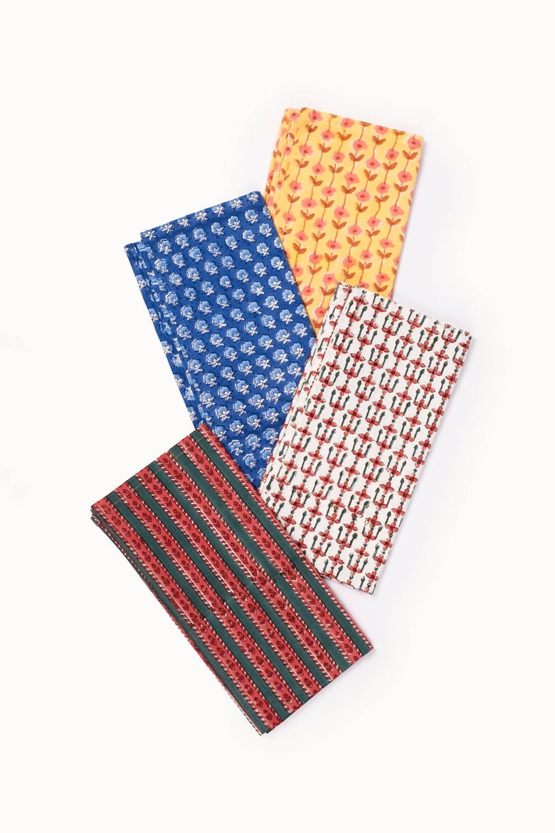 Parijat Floral Buti Block Print Napkins Set of 4, Alternate, color, Blue