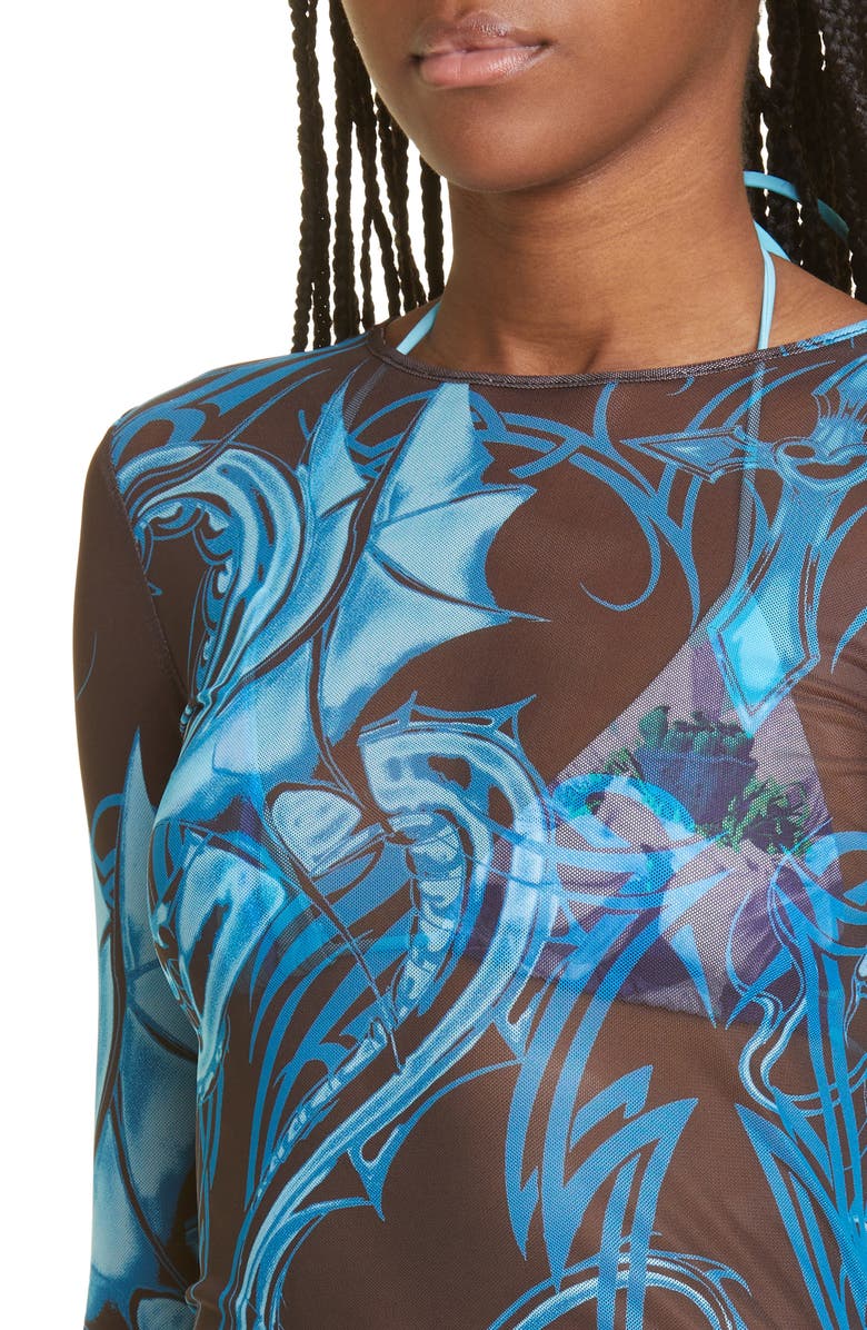 Miaou Tattoo Print Long Sleeve Mesh T-Shirt, Alternate, color,