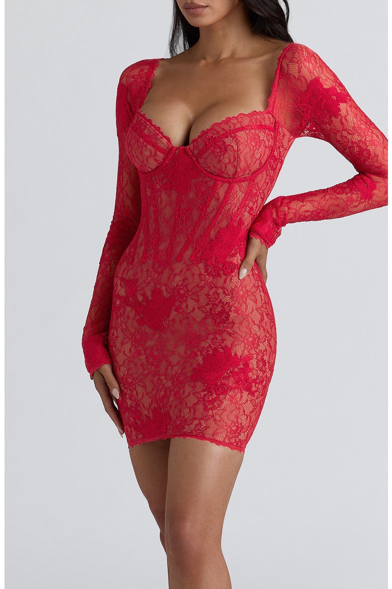 Lucienne Embroidered Long Sleeve Lace Minidress, Alternate, color, RED