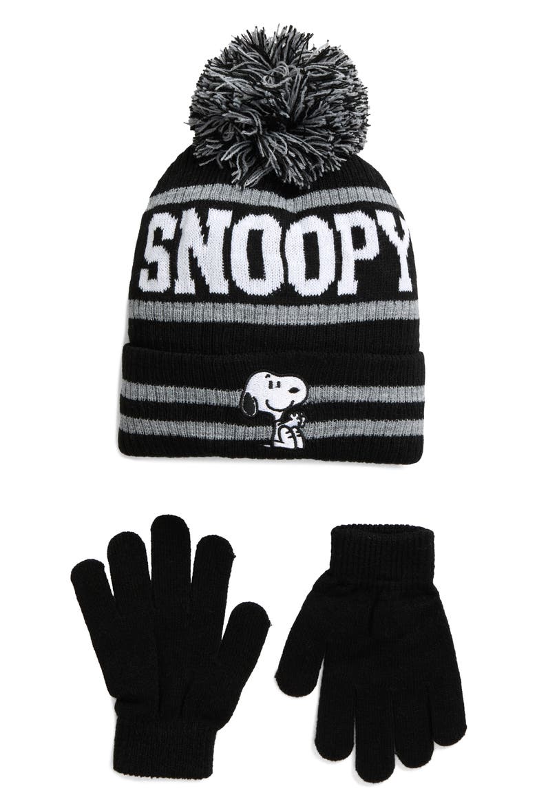 Kids' Peanuts Snoopy 2-Piece Beanie & Gloves Set, Main, color, BLACK
