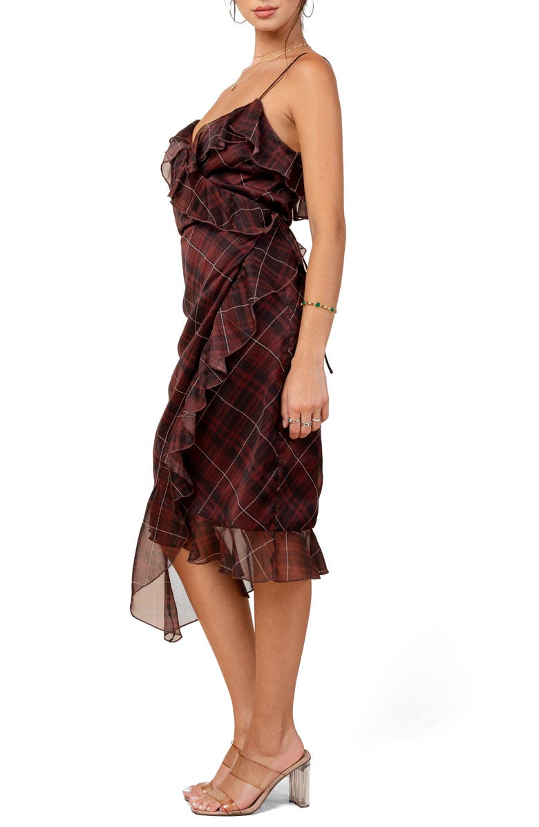 Beivy Plaid Ruffle Midi Dress, Alternate, color, Wine