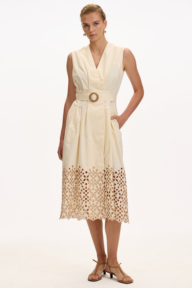 Mackenzie V Neck Belted Pocket Midi Dress, Alternate, color, Cream