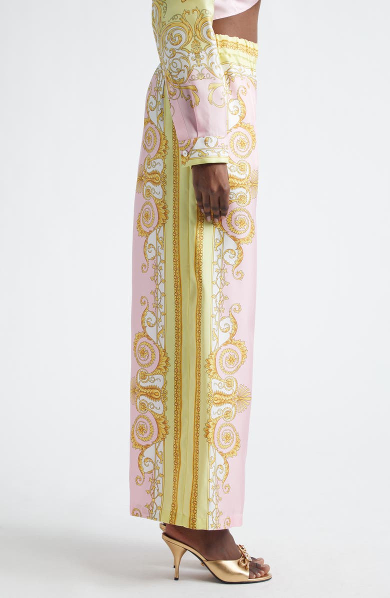 Versace Barocco Print Wide Leg Silk Twill Pants, Alternate, color, Pale Yellow Rose Quartz