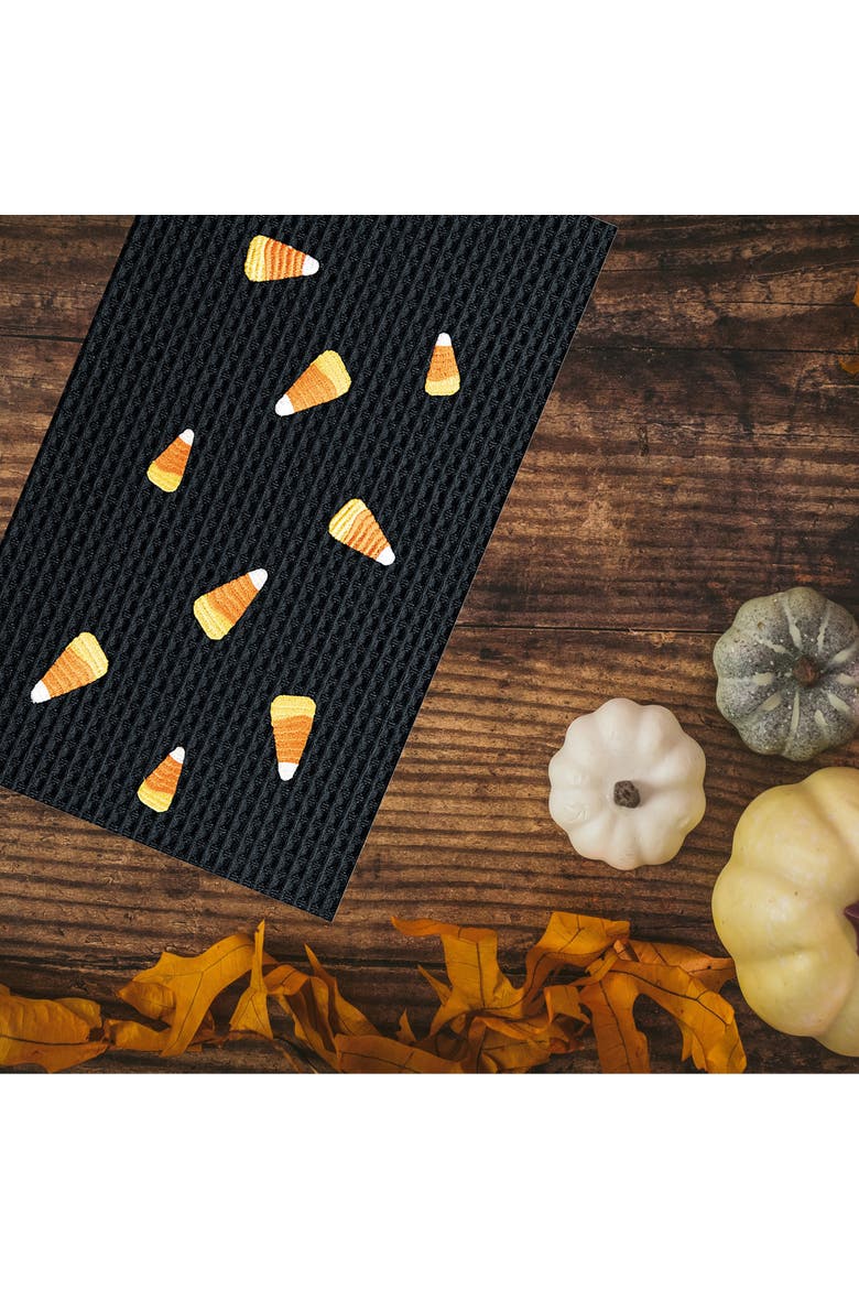 Candy Corn Halloween Waffle Weave Embroidered Cotton Kitchen Towel, Alternate, color, Black