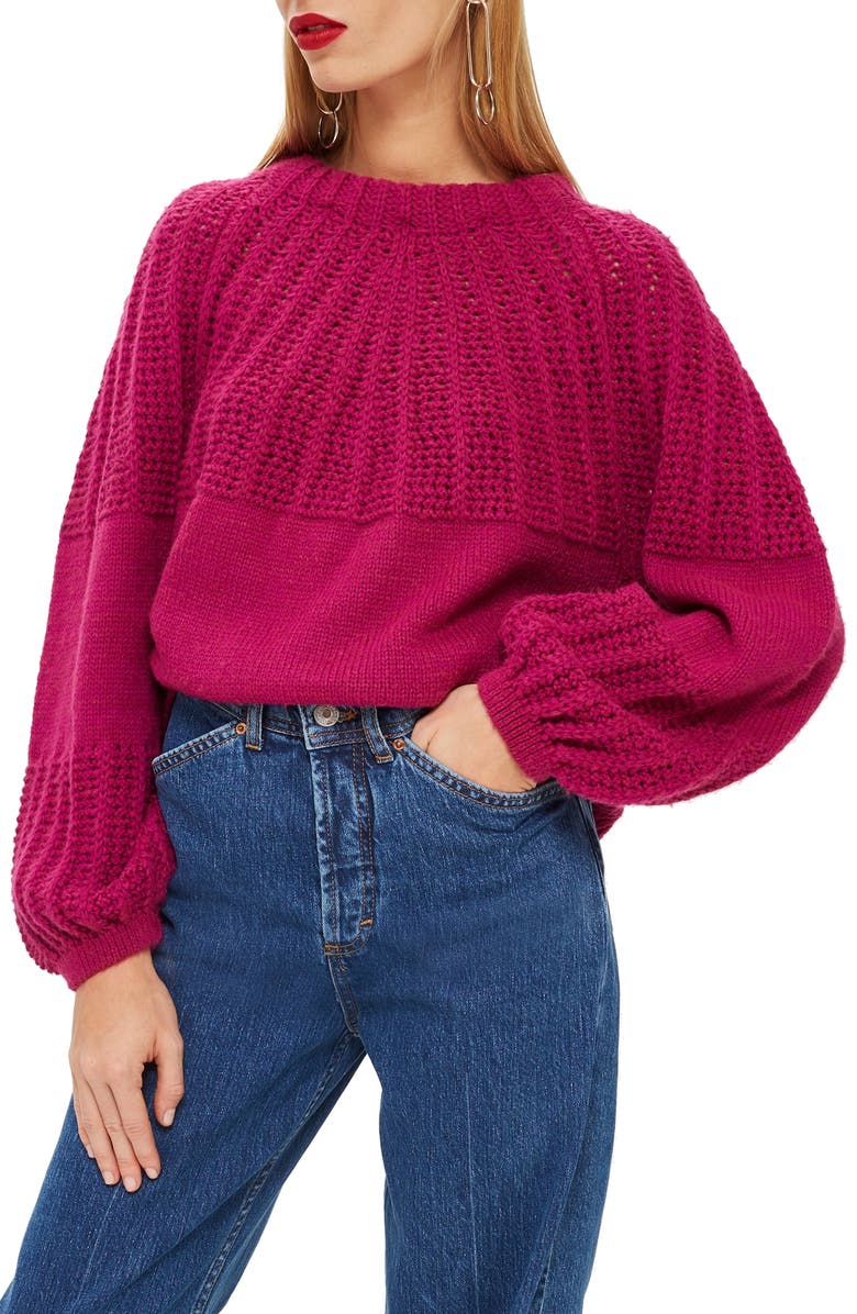 Topshop Pointelle Ball Sleeve Sweater, Main, color,